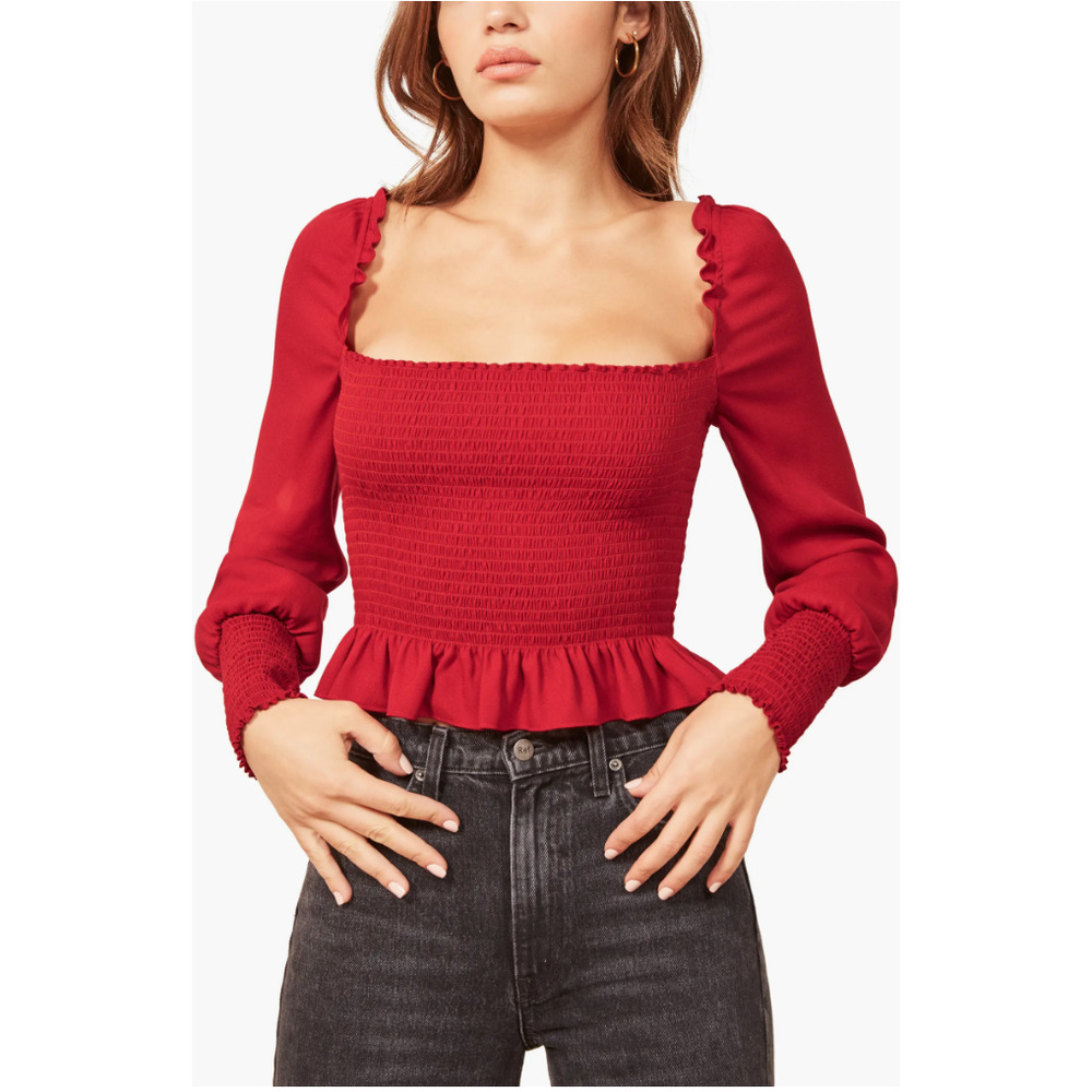 REFORMATION Francis Smocked Top Cherry Red Cropped Ruffled Hem Women's Medium